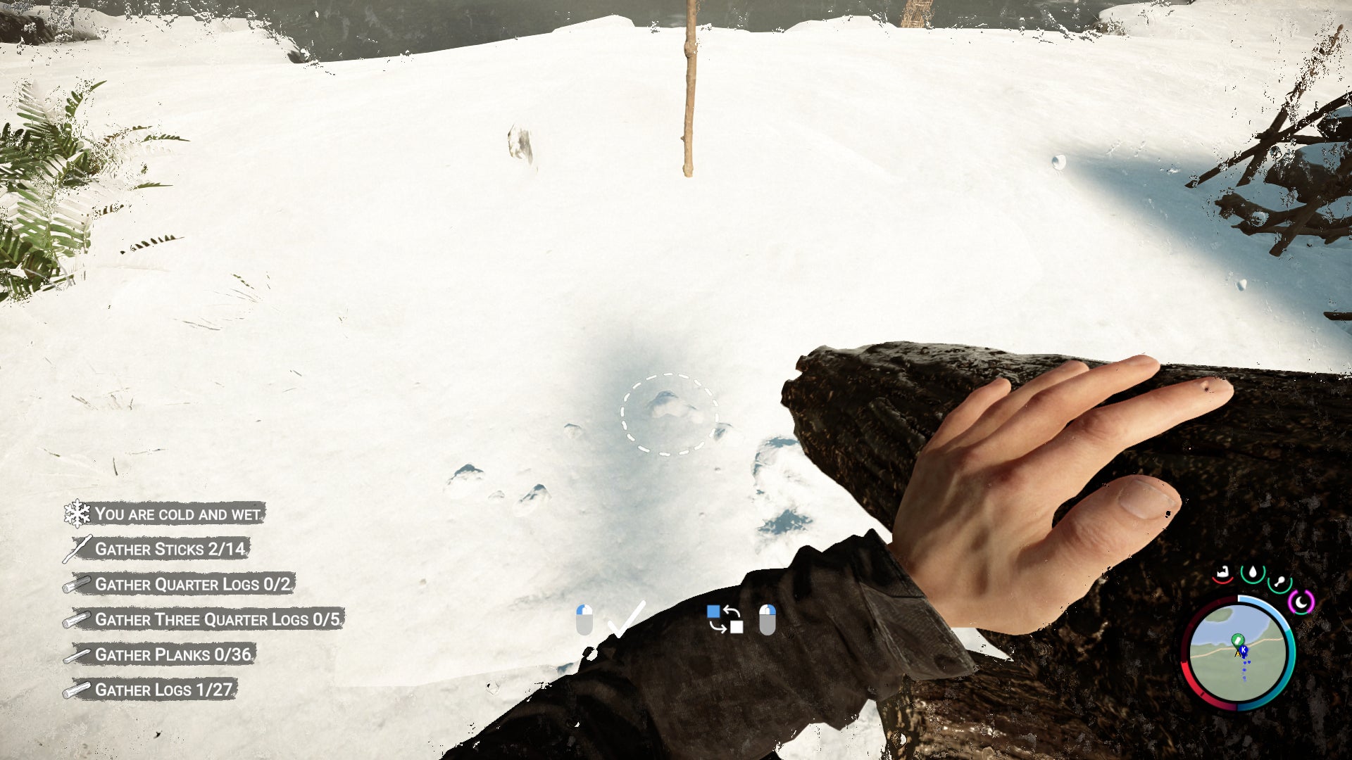 The player places a log in the ground to make a defensive wall in Sons of the Forest