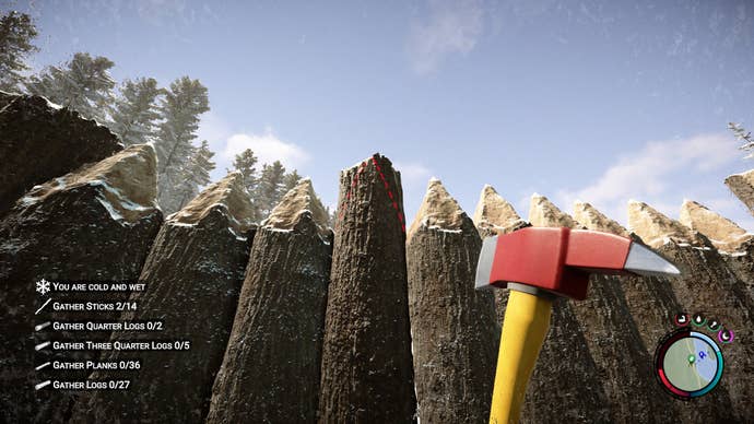 The player carves spikes into a defensive wall in Sons of the Forest