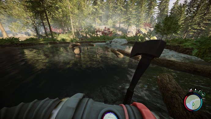 The player looks at a dozen logs which have fallen into a lake in Sons of the Forest