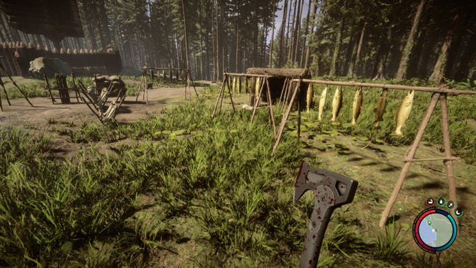 Sons of the Forest - looking at fish hanging to dry in your forest campsite