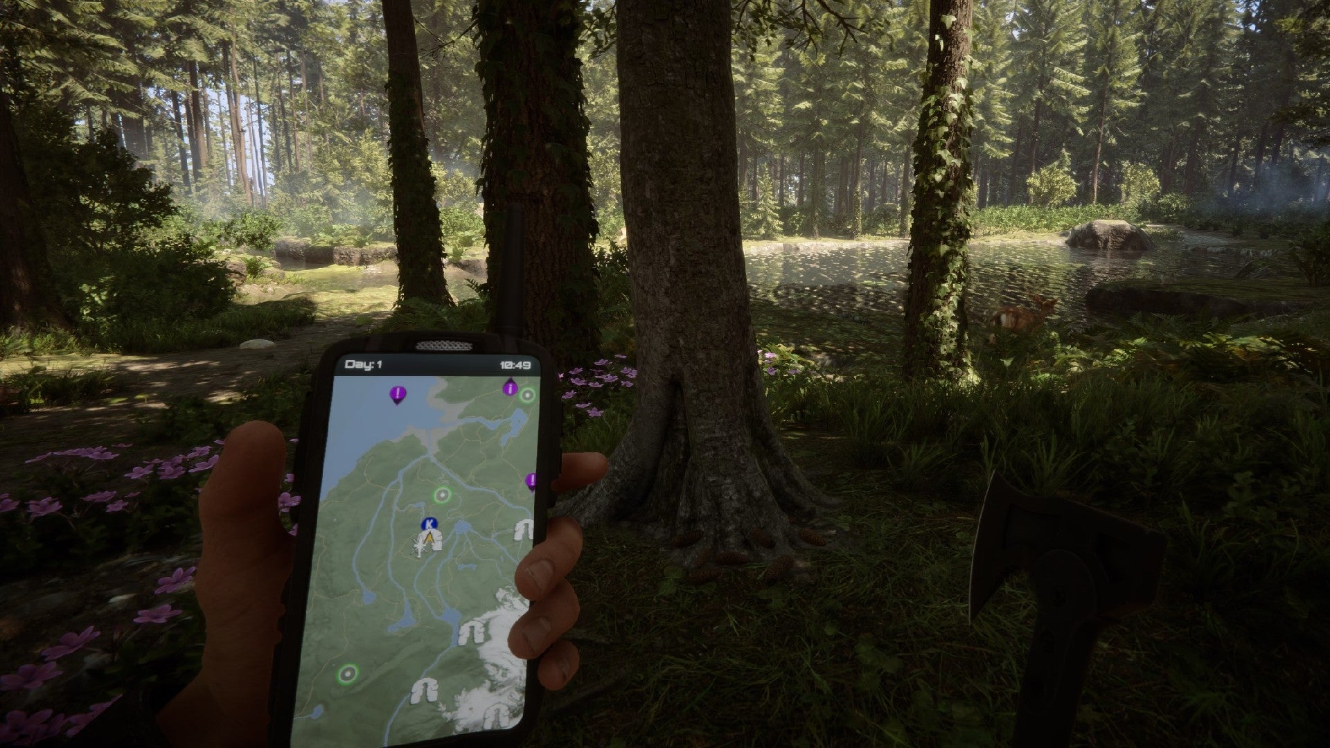 A player stares at their GPS in the woods in Sons Of The Forest. - 23