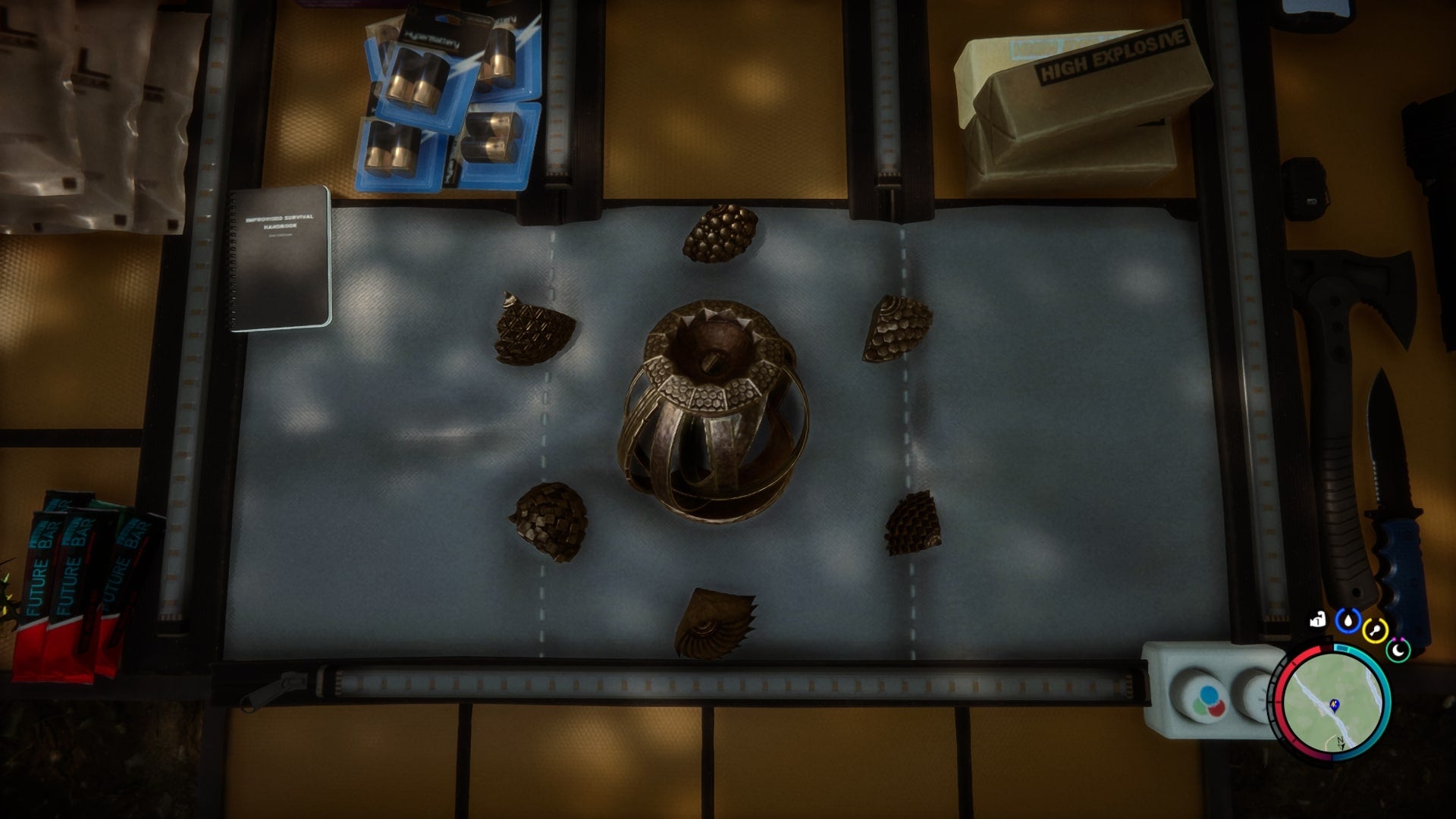 The player looks at all seven artifact pieces in their inventory in Sons of the Forest - 5