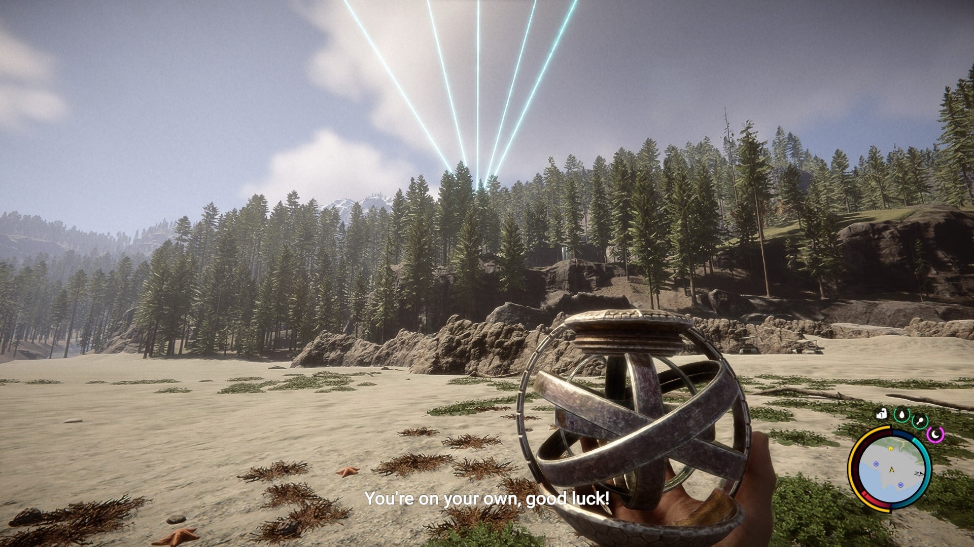 The player holds the artifact while looking at four blue beams in the sky in Sons of the Forest - 4