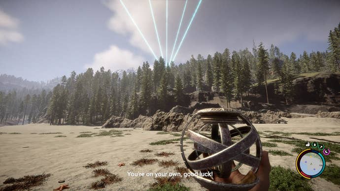 The player holds the artifact while looking at four blue beams in the sky in Sons of the Forest