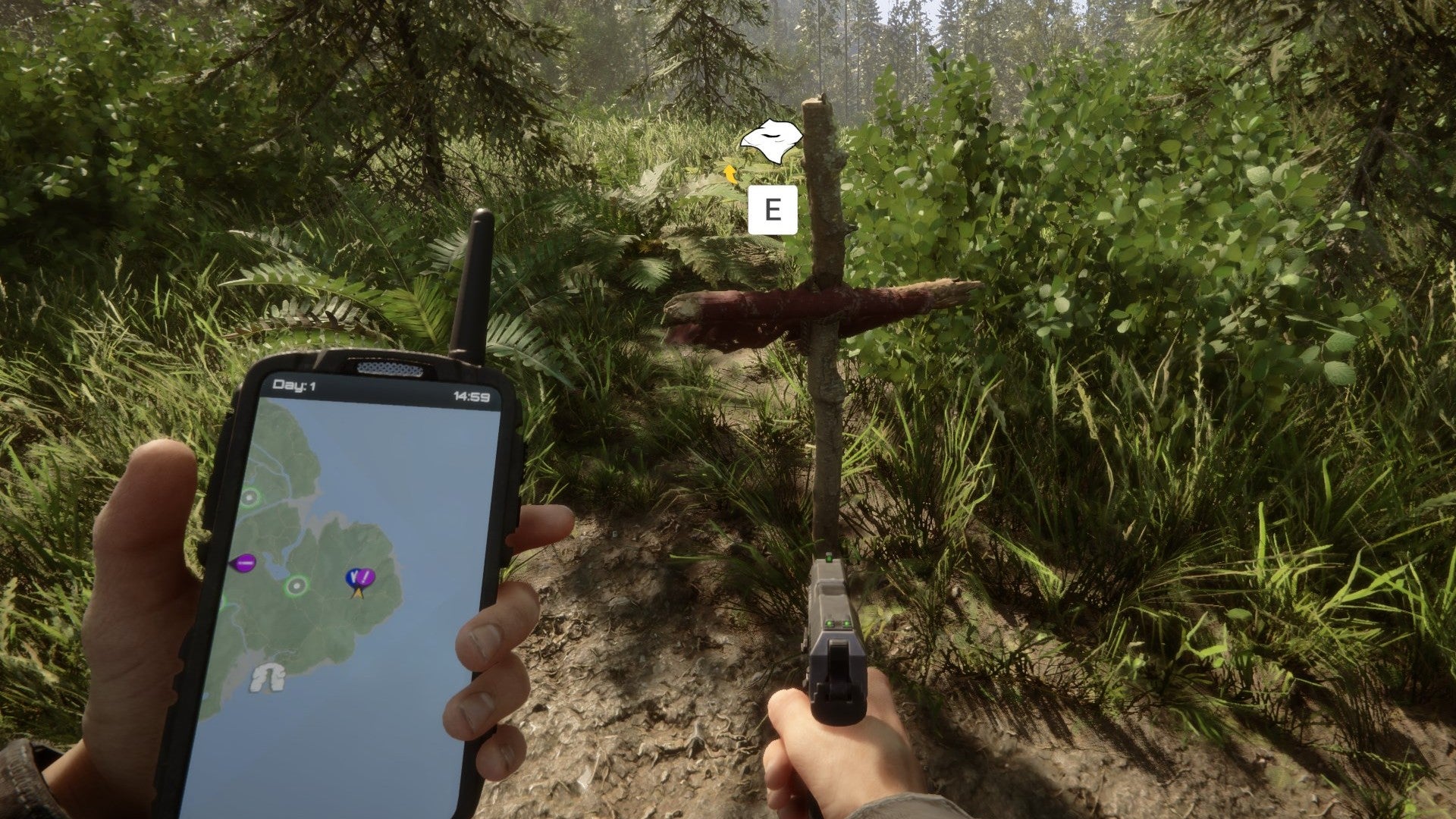 A player stares at a grave marker while holding a GPS and a pistol in Sons Of The Forest. - 4