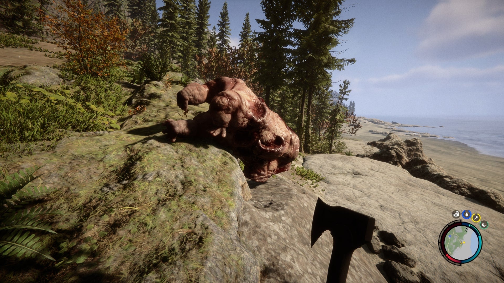 The player looks at the corpse of a Holey mutant in Sons of the Forest - 1