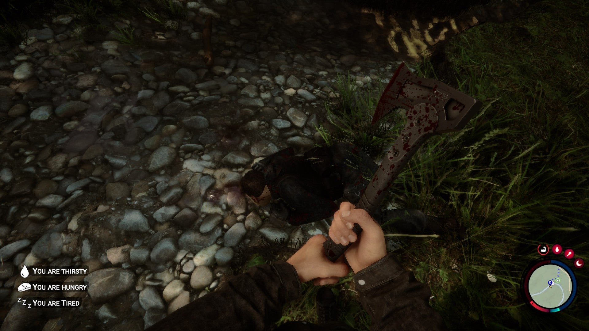 A player stands over Kelvin's corpse with a bloody axe in Sons of the Forest. - 6