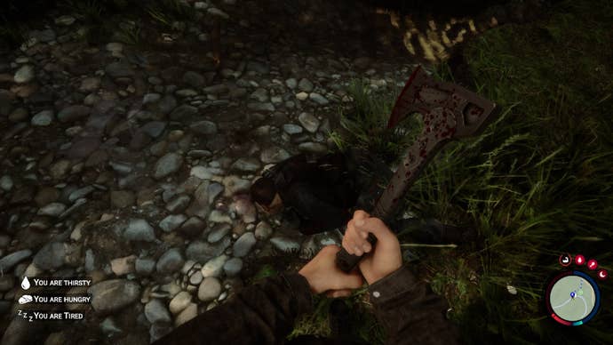 A player stands over Kelvin’s corpse with a bloody axe in Sons of the Forest.