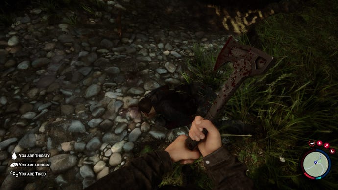 A player stands over Kelvin’s corpse with a bloody axe in Sons of the Forest.