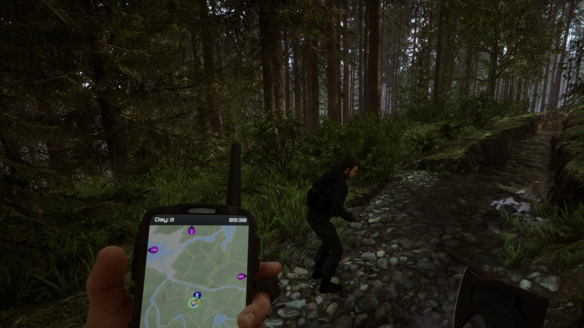 A player stands by a river in the woods as Kelvin crouches by the water in Sons of the Forest. - 4