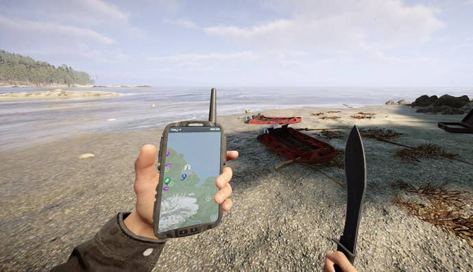 The player looks at some life rafts on the beach while holding the machete in Sons of the Forest