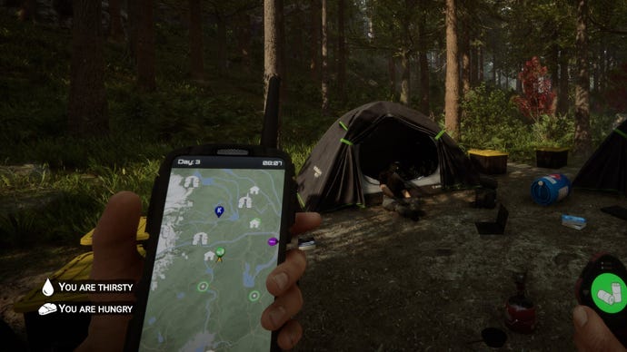 A player stands holding a GPS while staring at a tent in Sons Of The Forest.