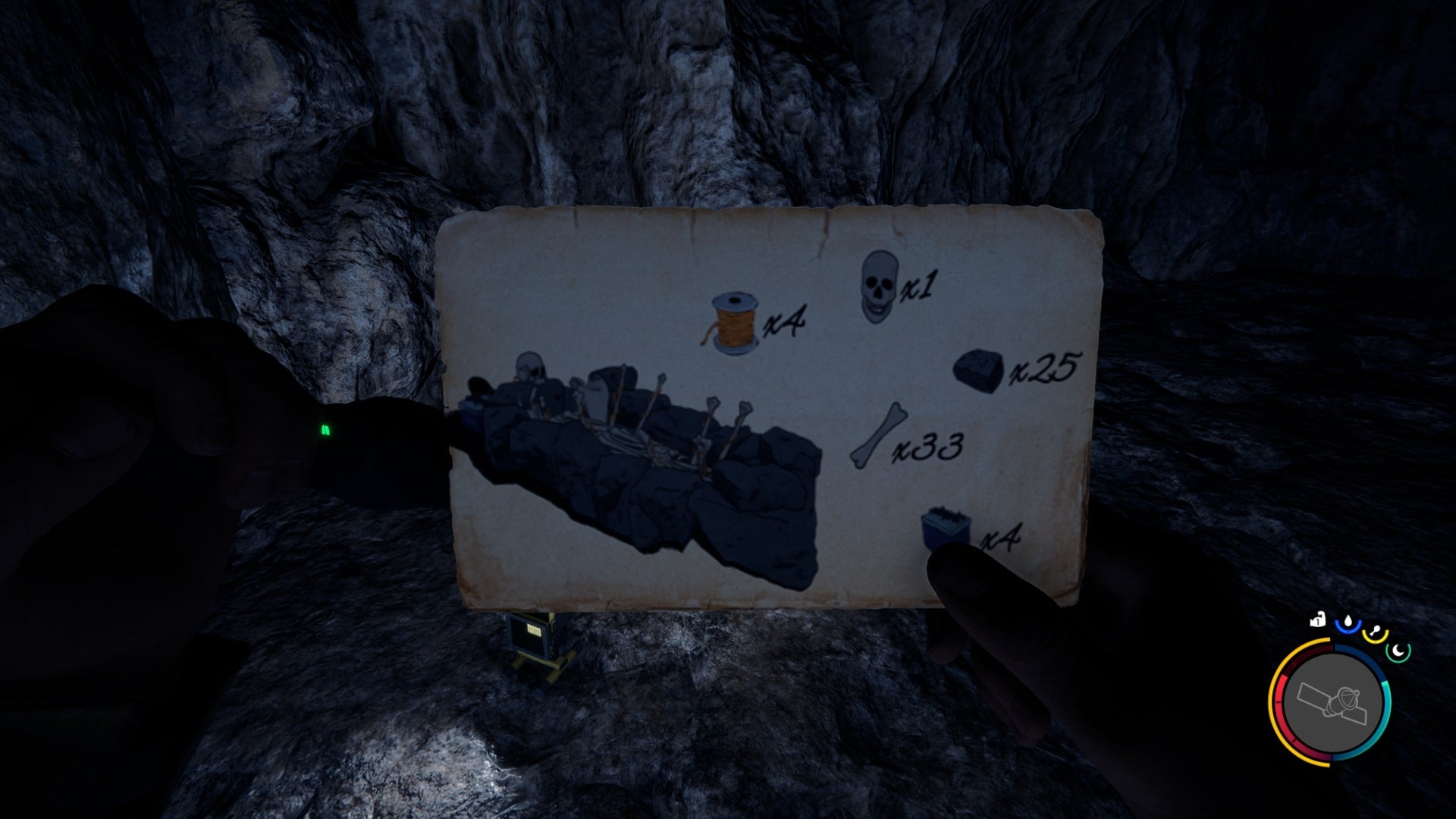 The player looks at a piece of paper showing the Armor Plater recipe in Sons of the Forest - 9