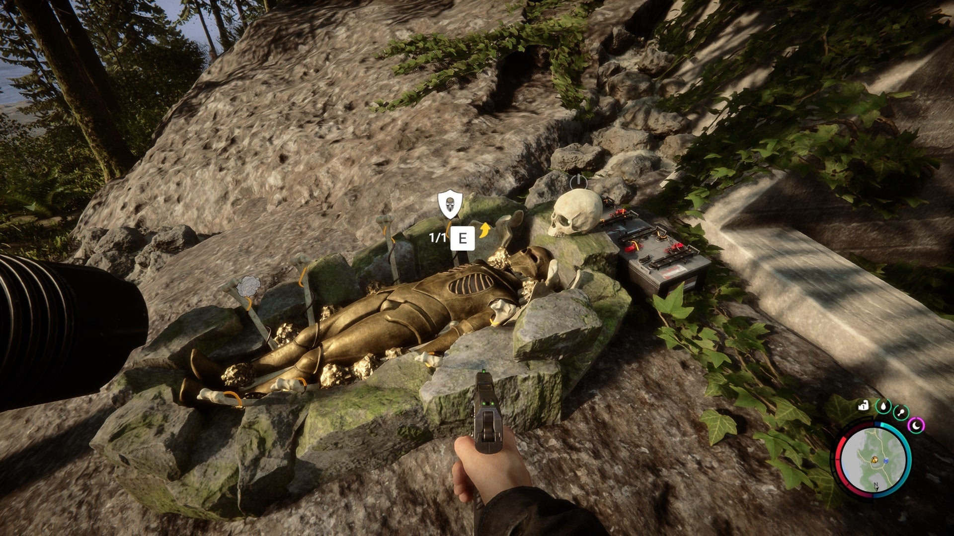 The player looks at the Armor Plater which contains the Ancient Armor, while outside the VIP Bunker in Sons of the Forest - 10