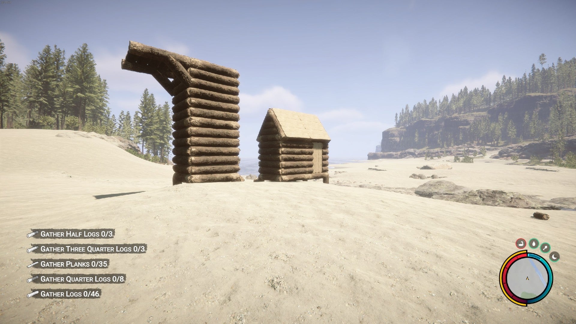 A player stares at a shack and lookout tower built on a beach in Sons Of The Forest. - 12