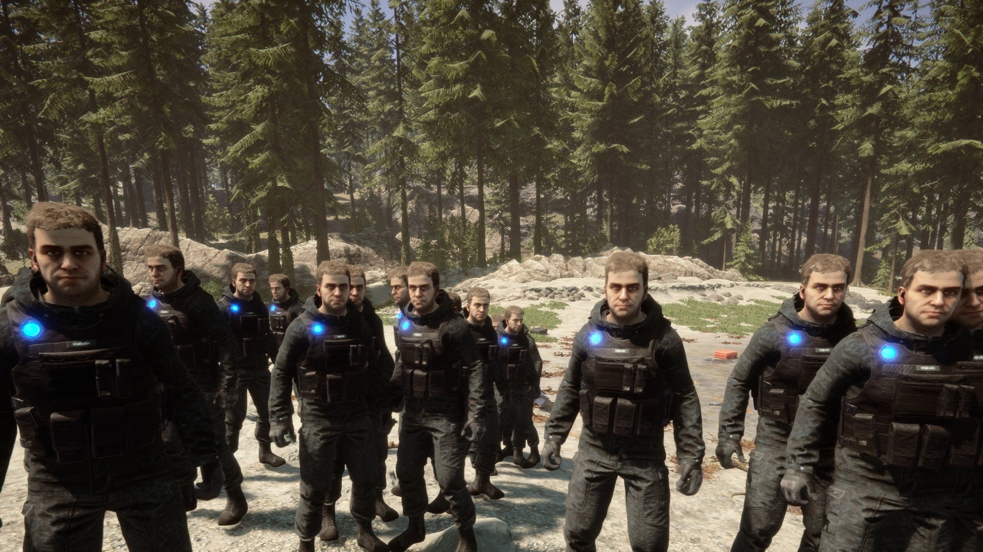 Sons of the Forest screenshot showing a whole army of Kelvins. - 1