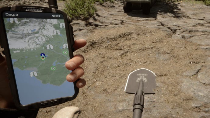 A player stares at their GPS with a shovel in hand in Sons Of The Forest.