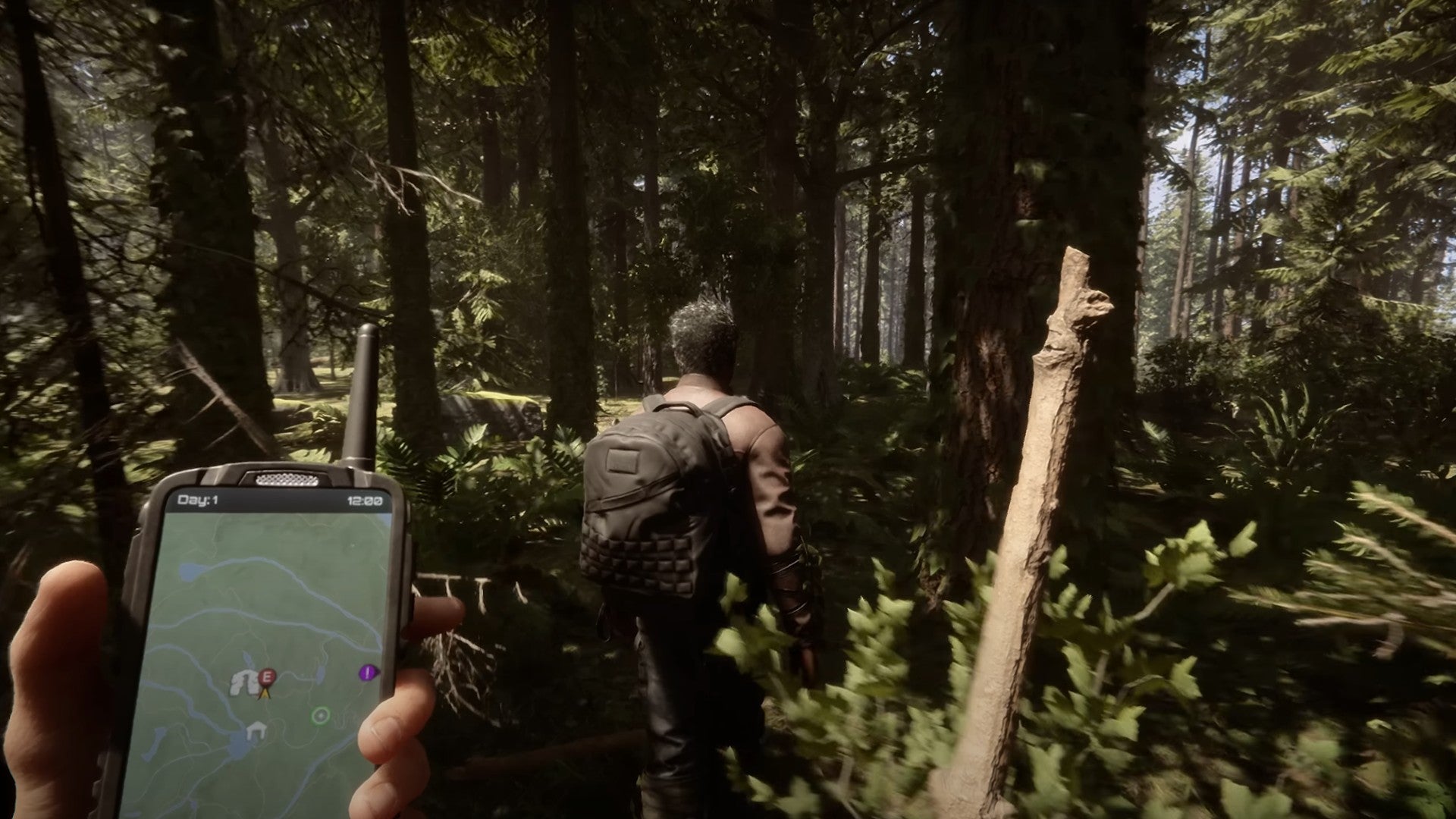 A player wondering through the woods while holding a GPS in Sons Of The Forest. Another player walks ahead in the woods. - 1