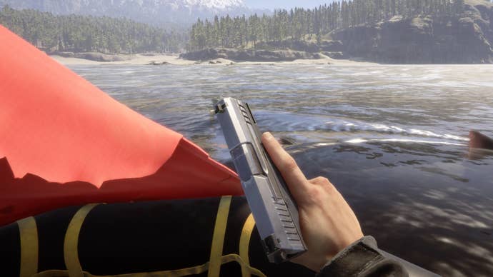 A player stares at a pistol in Sons Of The Forest as they look out over the ocean.