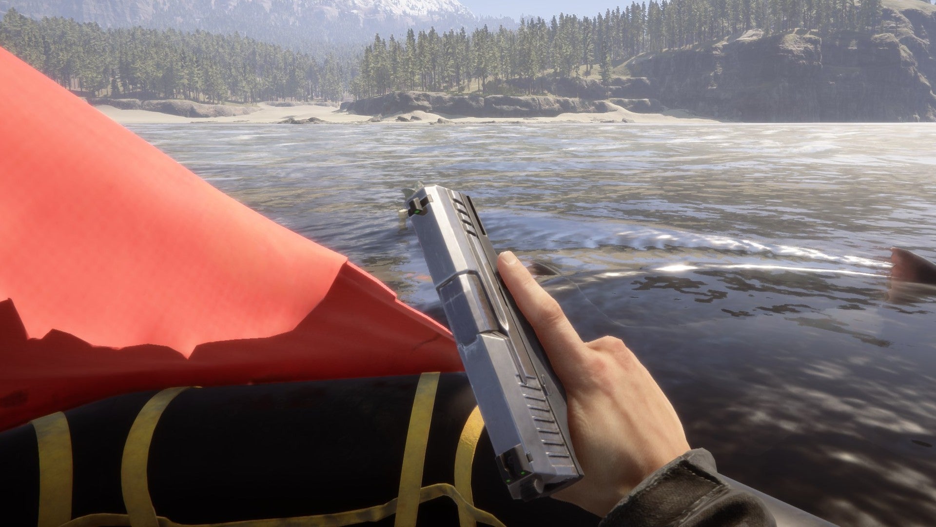 A player stares at a pistol in Sons Of The Forest as they look out over the ocean. - 1