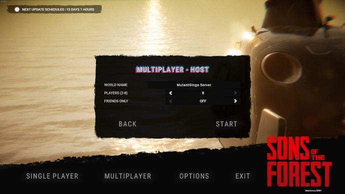 Sons of the Forest menu screen, showing the various settings that a host can change in multiplayer.
