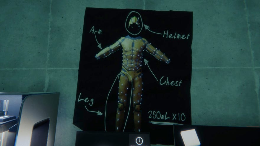 A player stares at the poster of tech armor in Sons Of The Forest.