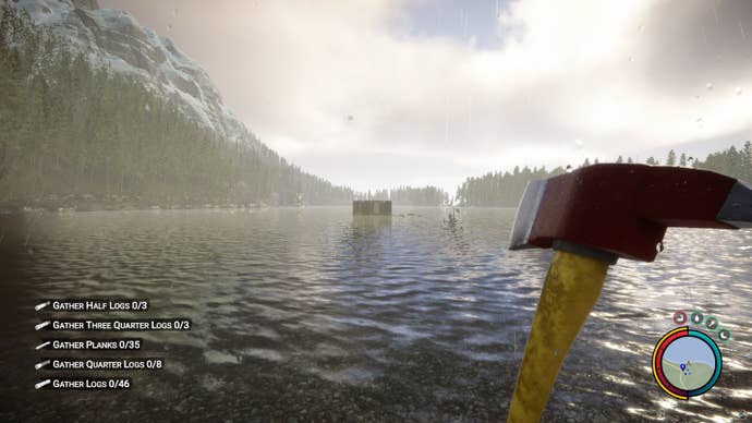 A player stares out towards a wooden shack built on a lake in Sons Of The Forest.