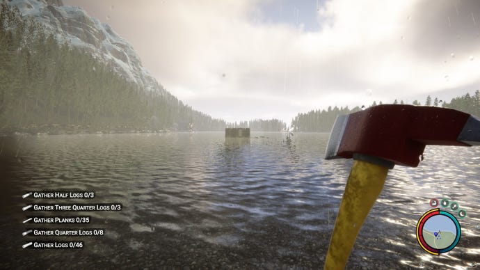 A player stares out towards a wooden shack built on a lake in Sons Of The Forest.