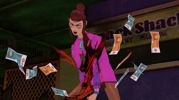 Sorry Were Closed screenshot showing a woman axing a demon as money comes flying out of him