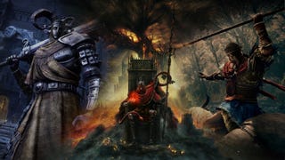 Messmer sits in the middle of two new Shadow of the Erdtree images; one showing the player character about to throw a spear, the other a powerful knight – worshipper of Miquella.