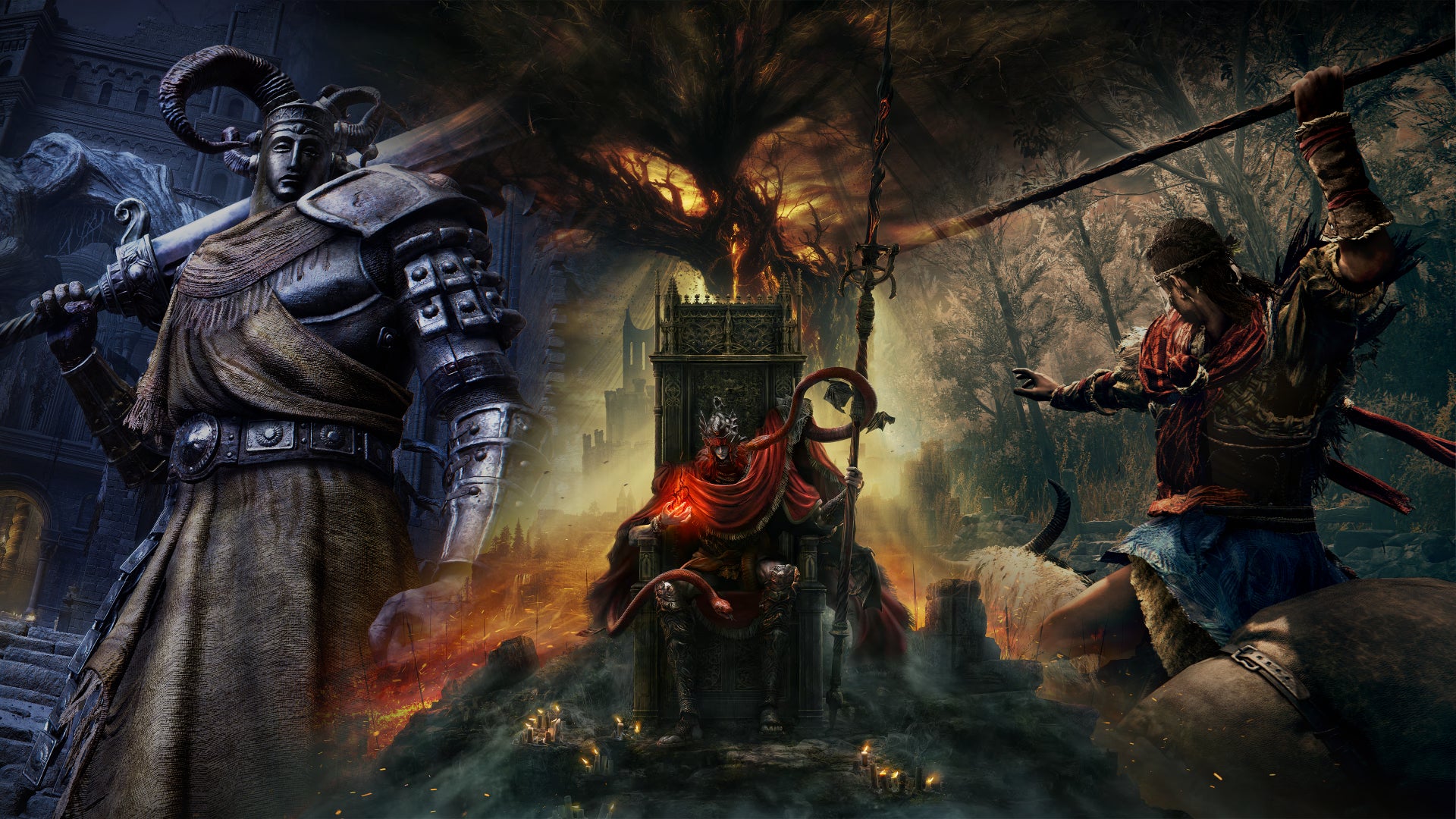 Messmer sits in the middle of two new Shadow of the Erdtree images; one showing the player character about to throw a spear, the other a powerful knight – worshipper of Miquella. - 1