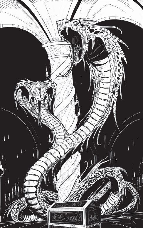 A giant, two-headed snake, drawn in black and white, rears up in front of a column in the image.