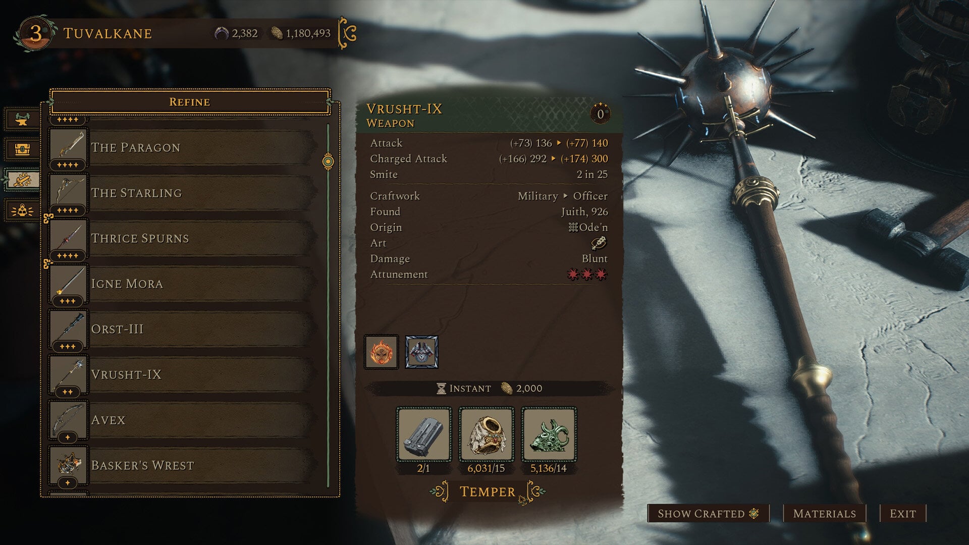 An inventory screen from Soulframe, showing the stats for a shiny spiked mace.