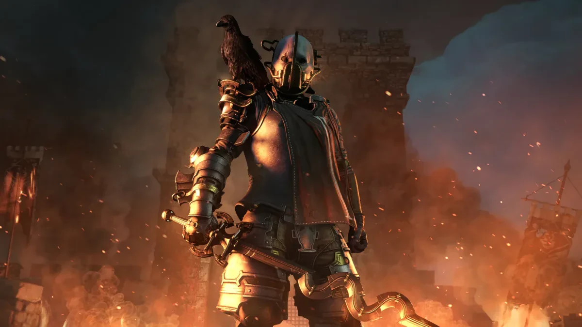 A scary dude in metal armour with a sword that has lots of snakey bends, and a raven perched on his shoulder just because he didn't already look Edgy enough. There is fire behind him, and all this is from a scene in the videogame Soulframe.