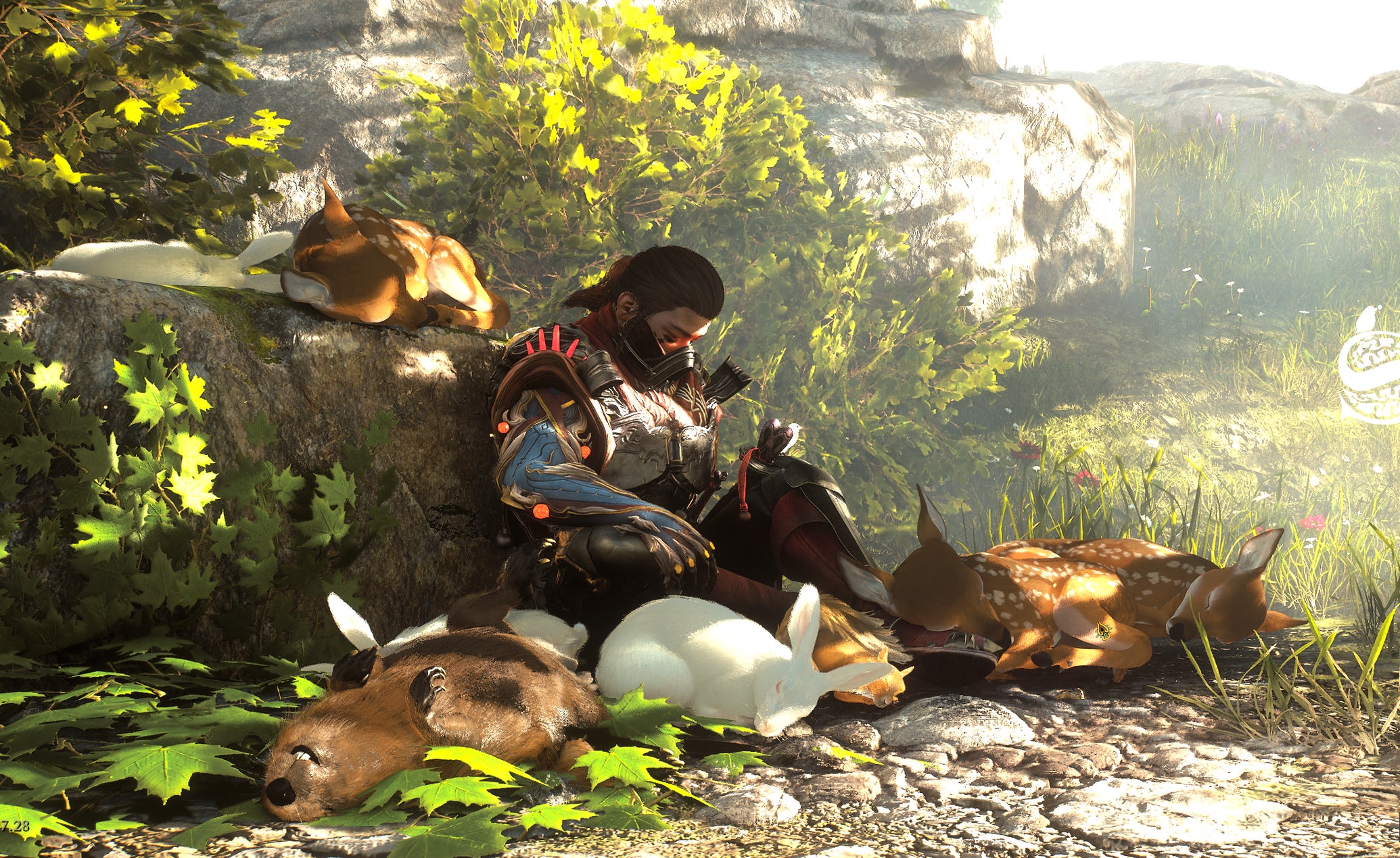 A Soulframe character in rich cloth and metal armour, sleeping with their back to a rock while surrounded by woodland creatures including deer, rabbits and a beaver. - 1