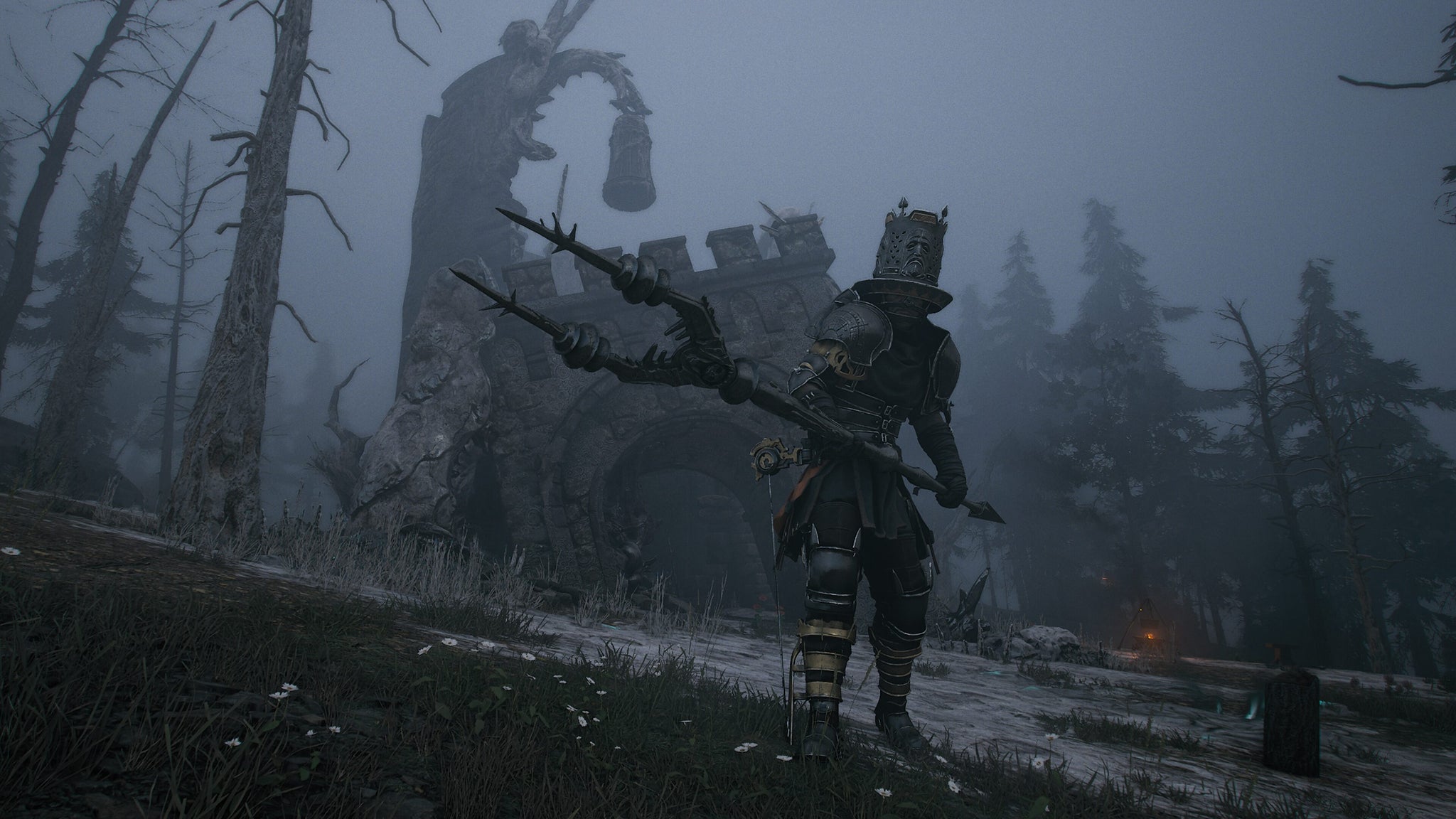 A knight in armour with a forked spear in a sickly forest area in Soulframe with a large piece of masonry visible in the background - 4