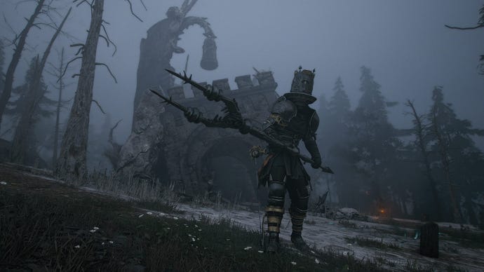 A knight in armour with a forked spear in a sickly forest area in Soulframe with a large piece of masonry visible in the background