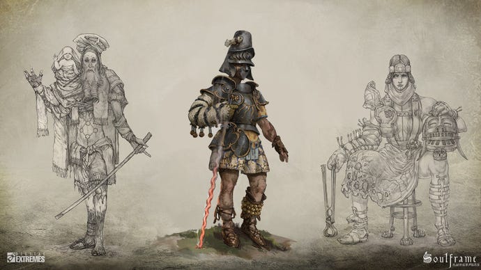 Character artworks for Soulframe, showing men and women in motley cloth and metal equipment