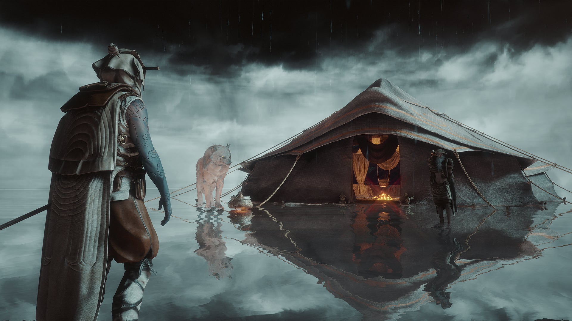A warrior stands in a watery abstract realm with a tent, white wolf and another human standing in front of them in Soulframe - 7