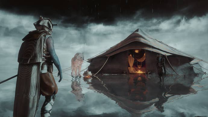 A warrior stands successful a watery abstract realm with a tent, achromatic wolf and different quality lasting successful beforehand of them successful Soulframe