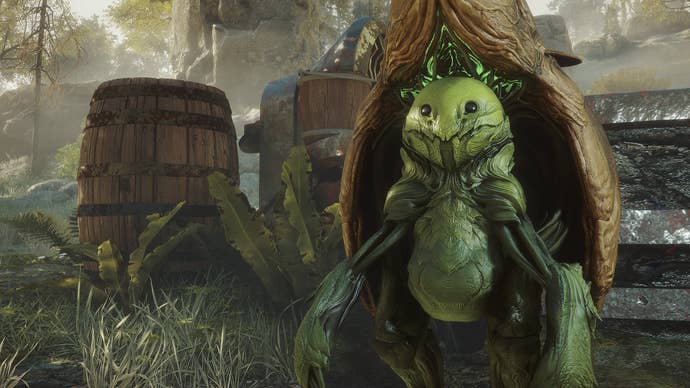 A cabbage-like leafy forest creature sits beside some barrels in Soulframe