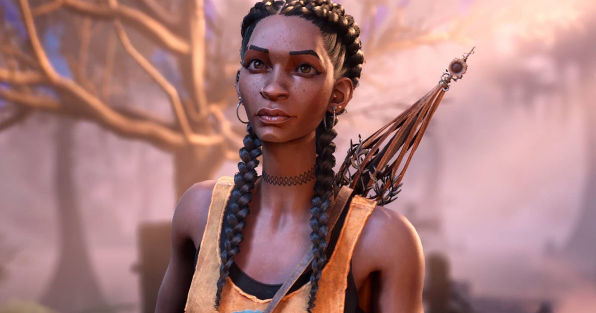 A young Black woman with a staff strapped over her shoulder in a scene from South of Midnight.