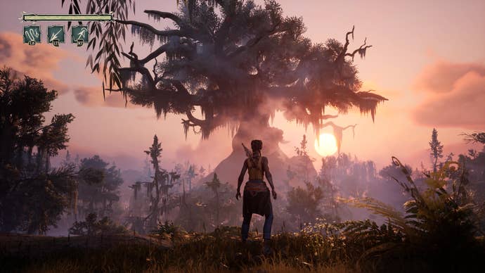 Screenshot from South of Midnight showing protagonist Hazel looking over the lush landscape. A large tree - mythical creature Benjy - is in the distance