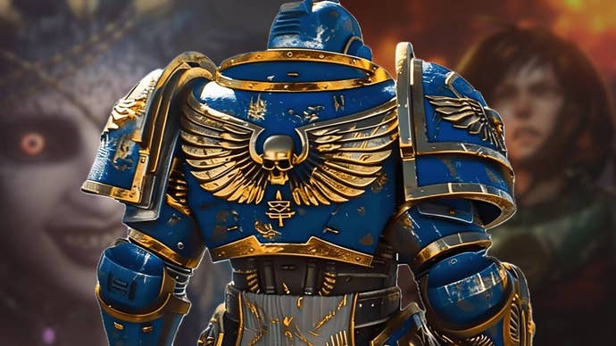 The back of a Space Marine, flanked by female characters from Dragon’s Dogma and No Rest for the Wicked.