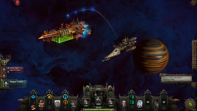 A space battle in Warhammer 40,000: Rogue Trader, with the player's Imperial craft facing off against a Chaos cruiser.