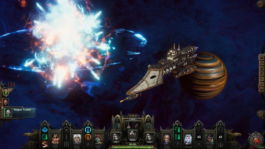 A space battle in Warhammer 40,000: Rogue Trader, with a Chaos ship exploding.