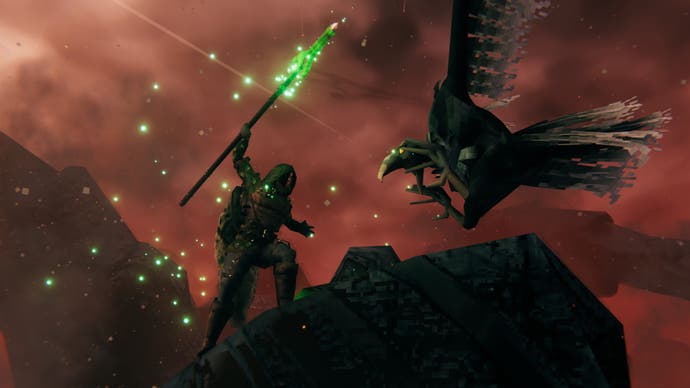 The player-character heroically attacks a vulture enemy with a glowing green spear.