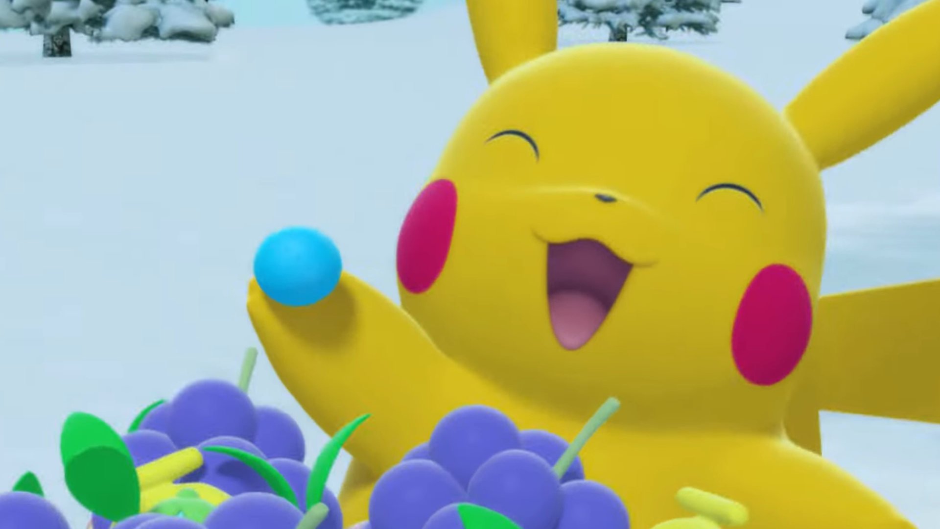 Pokémon Nursey Rhyme video screenshot showing excited Pikachu eating a berry