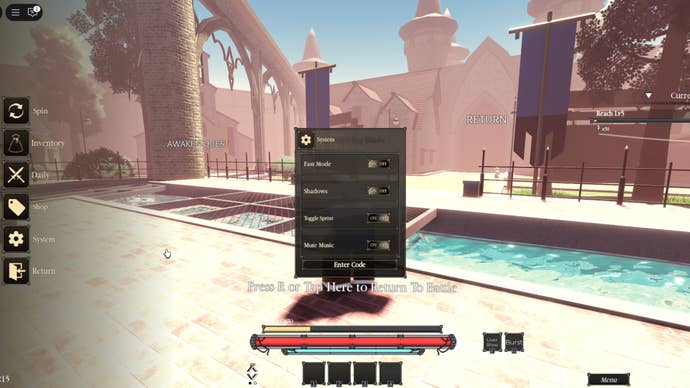 The settings menu in Roblox’s Spellblade is shown
