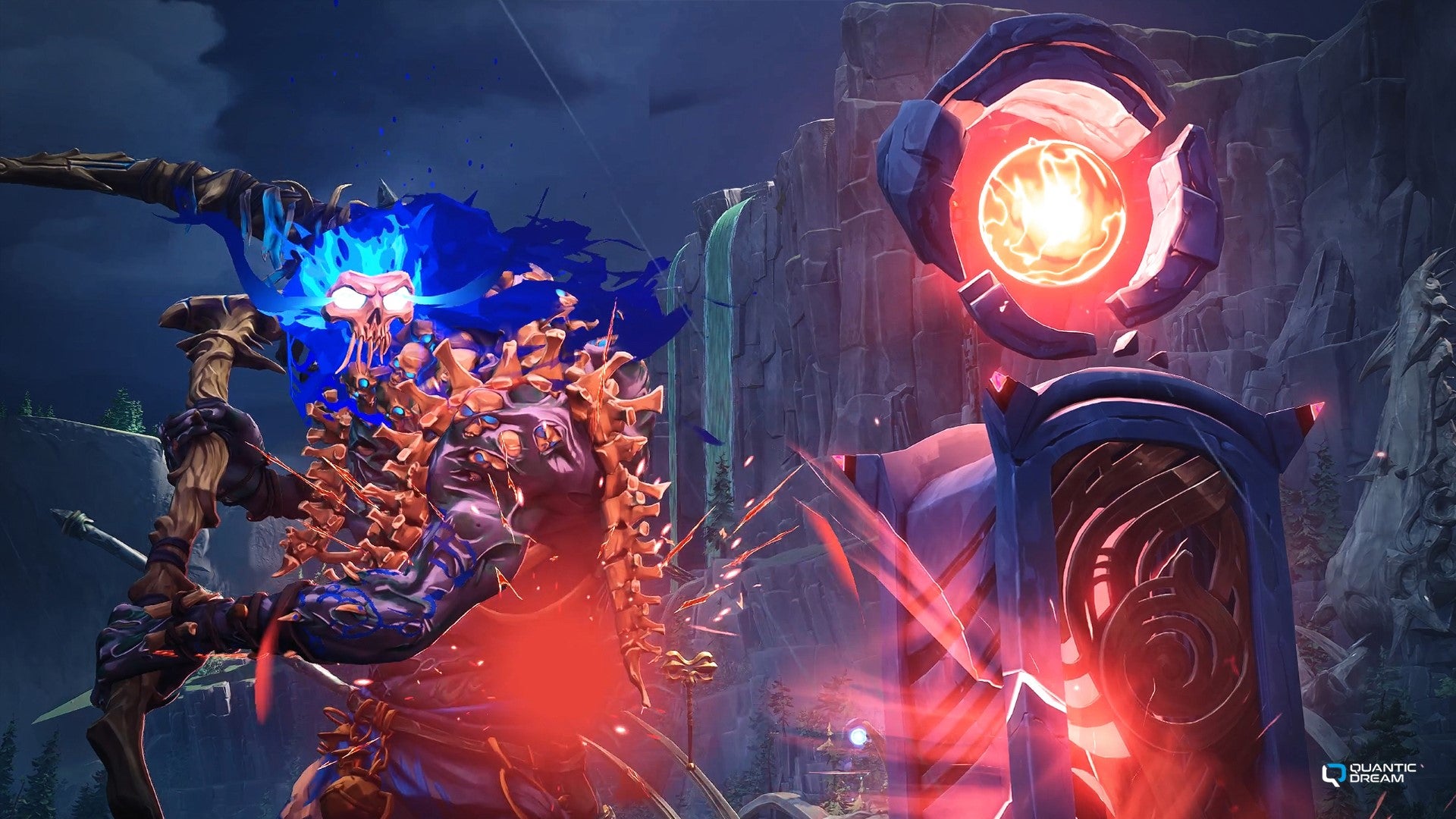 A skeletal Titan swings a scythe at the red Lifestone in Spellcasters Chronicles.